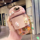 Cute Rabbit Ear Plastic Water Bottles With Straw For Girls Kids Portable Strap Student Bottle Cup