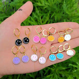 Cute Round Similing Face Huggies Hoop Earrings For Women Fashion Girls Multicolor Enamel Hanging