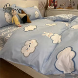 Cute White Cloud Bedding Set Soft Queen Full Size Flat Bed Sheet Polyester Cartoon Quilt Cover Pillowcase Kawaii Duvet Cover Set