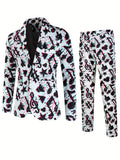 2pcs Creative Print Suit Set - Men's One Button Lapel Jacket & Pants Suit for Spring and Fall Party Dinners with Various Pattern Designs