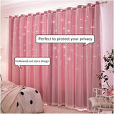 2Pcs Stars Cutout Blackout Curtains with Tulle Overlay 2 Layers Grommet Window Panels for Bedroom Living Room Decor Wall Home, Pink