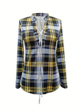 Elegant Plaid V-neck Tie-Front Blouse – Versatile, Breathable & Easy-Care Women's Top for Spring/Fall