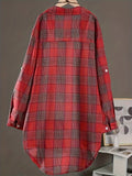 Plus Size Womens Casual Plaid Shirt - Lapel Collar, Dipped Hem, Non-Stretch Cotton, Semi-Sheer, Long Sleeve, Button Front, Woven, Perfect for All Seasons