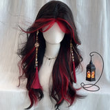 24-Inch Women's Wig with Red Highlights & Black Wavy Long Curly Hair, Heat-Resistant Synthetic Fiber, Elegant Golden Chain & Pearl Accents, Perfect for Parties, Cosplay, and Casual Attire, All Head Sizes Rose Net Cap, Fashion