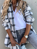 Stylish Plaid Chic Blouse - Elegant Lapel Collar, Functional Pocket Detail, Woven Striped Pattern, Long Sleeve, All-Season, Comfortable, and Versatile Women's Shirt for Daily Wear