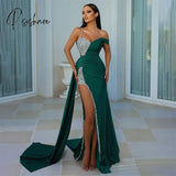 Dark Green Glitter Luxury Evening Dresses Dubai Satin Mermaid Side Split One Shoulder Prom Dress