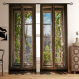 2 Pieces Industrial Wooden French Window with Landscape Glass Printing, Translucent Curtains, Green Plants Outside, for Living Room, Bedroom, Home Decoration, Sunscreen