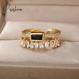 Double Layer Irregular Zircon Rings For Women Open Stainless Steel Green Crystal Finger Ring Boho