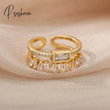 Double Layer Irregular Zircon Rings For Women Open Stainless Steel Green Crystal Finger Ring Boho