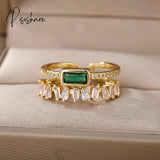 Double Layer Irregular Zircon Rings For Women Open Stainless Steel Green Crystal Finger Ring Boho