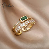 Double Layer Irregular Zircon Rings For Women Open Stainless Steel Green Crystal Finger Ring Boho