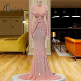 Dubai Pink Luxury Beads Evening Dress 2023 High Neck Long Sleeves Glitter Sequins Mermaid Prom