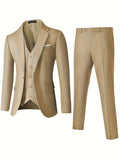 3 Pieces Formal Suit Set - One Button Single Breasted Jacket, Vest, and Pants for Business, Dinner, Wedding, and Party Events