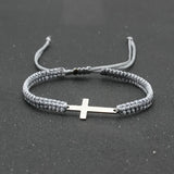 1pc Mens Hand Braided Stainless Steel Cross Patchwork Bracelet Anti-Allergy Acrylic Fibers Rope Bracelet