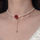 [Red Faux Pearl Cubic Zirconia] Elegant Red Rose Faux Pearl Necklace with Cubic Zirconia - Perfect Valentine's Gift for Girlfriend, Suitable for Parties and Daily Wear