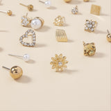 30 Pairs Alloy Full Rhinestones Love Round Faux Pearl Letter Stud Earrings Set