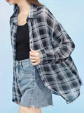 Plaid Print Button Front Shirt, Casual Long Sleeve Shirt For Spring & Fall, Women's Clothing