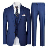 3-Piece Mens Solid Color Suit Set - Classic Lapel Blazer Jacket, Vest, and Pants - Perfect for Wedding Banquet, Business Casual Events, and Formal Occasions - High-Quality Polyester Blend, Regular Fit, and Multiple Pockets