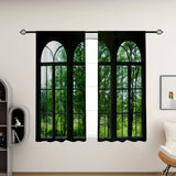 2 Pieces Industrial Wooden French Window with Landscape Glass Printing, Translucent Curtains, Green Plants Outside, for Living Room, Bedroom, Home Decoration, Sunscreen