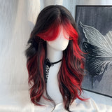24-Inch Women's Wig with Red Highlights & Black Wavy Long Curly Hair, Heat-Resistant Synthetic Fiber, Elegant Golden Chain & Pearl Accents, Perfect for Parties, Cosplay, and Casual Attire, All Head Sizes Rose Net Cap, Fashion