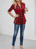 Long Sleeve Plaid Print Half Zip Casual Rollable Blouse, Women's Clothing