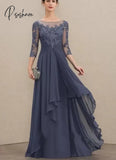 Elegant A-Line Square Collar Floor-Length Chiffon Lace Mother Of The Bride Dresses Cascading