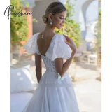 Elegant A Line Wedding Dress Square Neck Short Sleeve Brides Dresses Tulle Applique Vestidos De