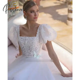 Elegant A Line Wedding Dress Square Neck Short Sleeve Brides Dresses Tulle Applique Vestidos De