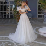 Elegant A Line Wedding Dress Square Neck Short Sleeve Brides Wedding Dresses Tulle Applique Vestidos De Novia Long Boho Dresses