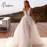 Elegant A-Line Wedding Dresses V-Neck Appliques Tulle Bridal Dress White High Split Backless For