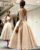 Elegant Bige Color Lace Evening Dresses Full Sleeves V-Back Tea-Length Prom Gown A-Line Illusion