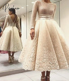 Elegant Bige Color Lace Evening Dresses Full Sleeves V-Back Tea-Length Prom Gown A-Line Illusion