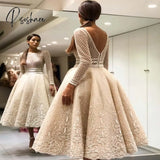 Elegant Bige Color Lace Evening Dresses Full Sleeves V-Back Tea-Length Prom Gown A-Line Illusion