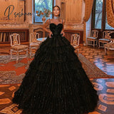 Elegant Black Tiered Rufflestulle Evening Dresses Sweetheart Spaghetti Strap A-Line Pleat Ruched