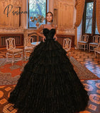 Elegant Black Tiered Rufflestulle Evening Dresses Sweetheart Spaghetti Strap A-Line Pleat Ruched