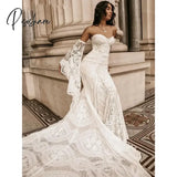 Elegant Bohemian Lace Mermaid Wedding Dresses With Removable Flare Long Sleeves Sweetheart Bridal