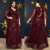 Elegant Burgundy Lace Mother Of The Bride Dresses Half Sleeves Appliqued Wedding Guest Dress Floor