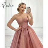 Elegant Glitter Women Sequins Evening Dress A-Line Strapless Pleats Ankle-Length Birthday Pageant