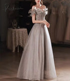 Elegant Gray Flowers Evening Dress Off Shoulder Shiny Sequin Lace A-Line Ruched Up Woman Formal