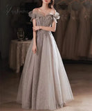 Elegant Gray Flowers Evening Dress Off Shoulder Shiny Sequin Lace A-Line Ruched Up Woman Formal