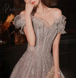 Elegant Gray Flowers Evening Dress Off Shoulder Shiny Sequin Lace A-Line Ruched Up Woman Formal