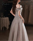 Elegant Gray Flowers Evening Dress Off Shoulder Shiny Sequin Lace A-Line Ruched Up Woman Formal