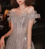 Elegant Gray Flowers Evening Dress Off Shoulder Shiny Sequin Lace A-Line Ruched Up Woman Formal