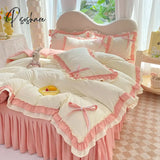 Elegant Lace Pink Bedding Sets Luxury Bed Linen Princess Ruffle Duvet Cover Skirt Sheet Pillowcases for Girls Bedclothes 4pcs