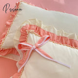 Elegant Lace Pink Bedding Sets Luxury Bed Linen Princess Ruffle Duvet Cover Skirt Sheet Pillowcases