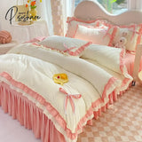 Elegant Lace Pink Bedding Sets Luxury Bed Linen Princess Ruffle Duvet Cover Skirt Sheet Pillowcases