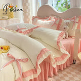 Elegant Lace Pink Bedding Sets Luxury Bed Linen Princess Ruffle Duvet Cover Skirt Sheet Pillowcases