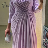 Elegant Lilac Evening Dress For Women Saudi Arabia V- Neck Beaded Long Sleeves Prom Dresses Side