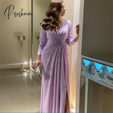 Elegant Lilac Evening Dress for Women Saudi Arabia V- Neck Beaded Long Sleeves Prom Dresses Side Slit Formal Party Dress 2024