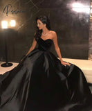 Elegant Long Black Satin Pleated Evening Dress With Pockets A-Line Floor Length Corset Back Robe De